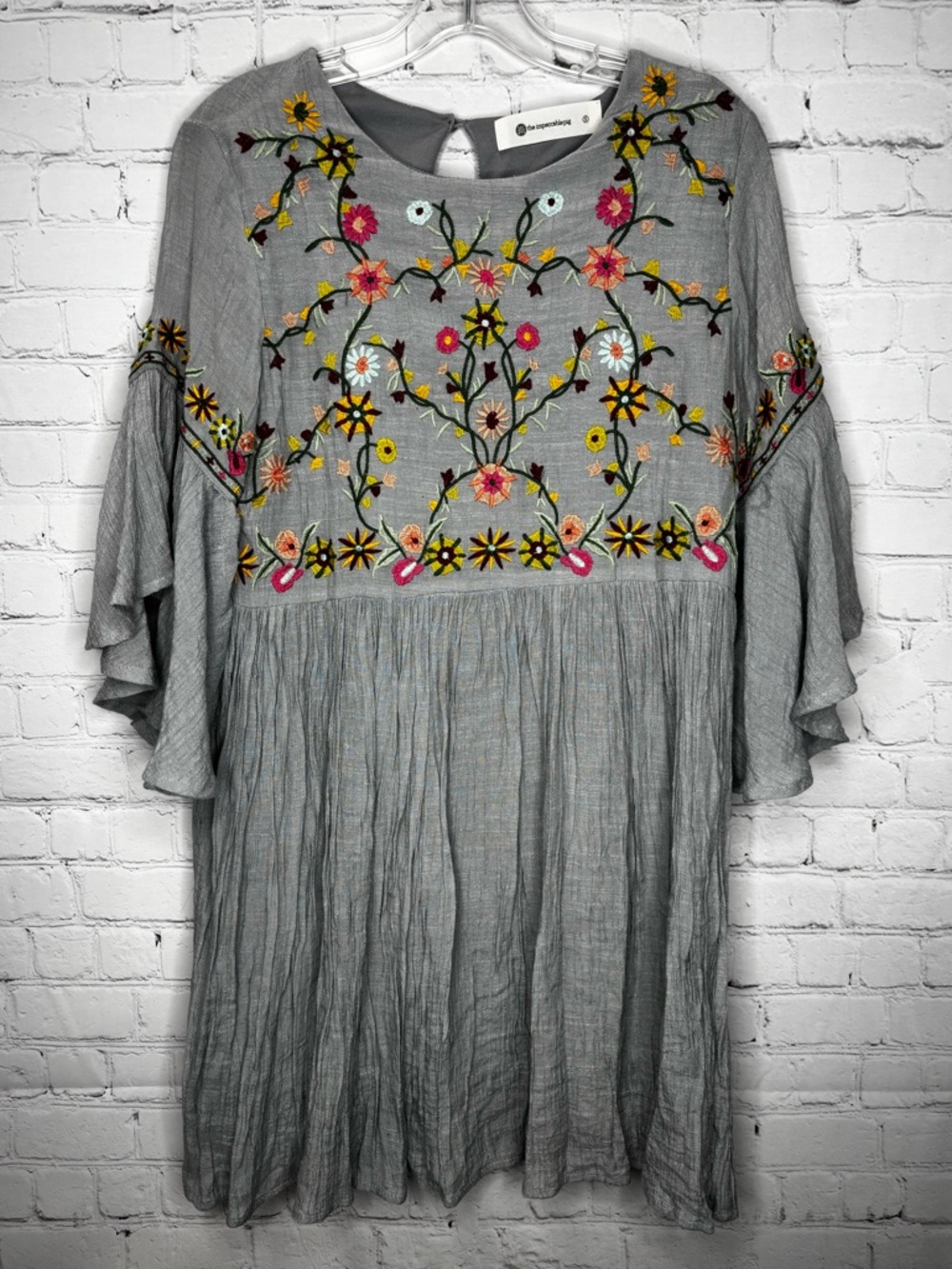 Impeccable Pig Gray Embroidered Floral Dress Boho